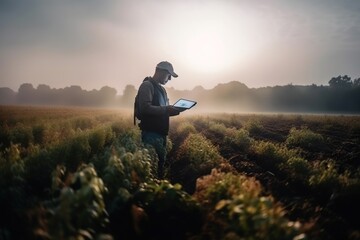 Poster - A Man Standing In A Field Holding A Tablet Computer And Looking At The Screen Farm Advertising Photography Agriculture Generative AI 