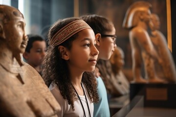 Poster - A Group Of People Standing Next To Each Other Near Statues Of People Science Museum Advertising Photography Museums Generative AI 