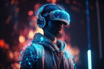 Poster - A Man Wearing A Virtual Reality Headset And A Hoodie Arcade Stereoscopic Photography Virtual Reality Generative AI 