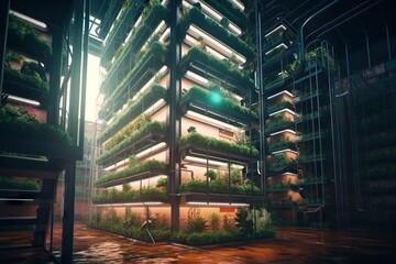 Poster - A Very Large Building With Lots Of Plants Growing On It's Sides Urban Rooftop Garden Environmental Art Green Living Generative AI 