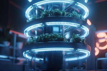 Poster - A Futuristic Planter With Plants Growing Inside Of It In A Dark Room Farm Stand Environmental Art Plant Maintenance Generative AI 