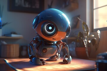 Poster - A Robot Is Sitting On A Table In A Room With A Plant Bank Photorealism Robotics Engineering