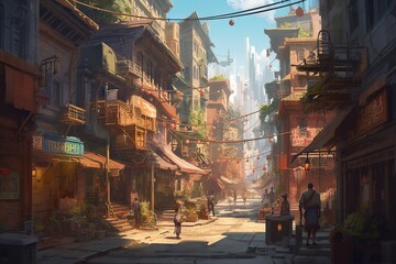 Poster - A Man Standing On A Street Next To A Tall Building With A Sky Background City Alleyway Photorealism Cities Generative AI 