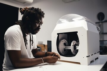 Poster - A Man Is Working On A Machine In A Room With A White Table Workshop Kinetic Art Social Innovation