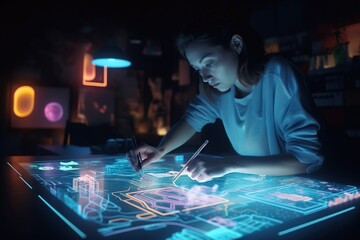 Poster - A Woman Is Looking At A Computer Screen With A Pen And A Light Conference Room Graphic Design Computer Graphics Generative AI 