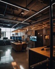 Poster - A Large Open Office With A Desk And A Television In The Center Conference Room Panoramic Photography Interior Photography
