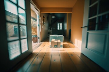 Poster - a room with a door and a window with a box on the floor suburban cul-de-sac photorealism interior ph