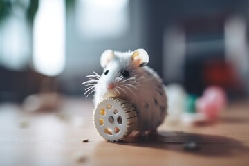 Poster - A Toy Mouse Is Sitting On A Table With A Wheel In Front Of It Ice Rink Fine Art Photography Wildlife Generative AI 