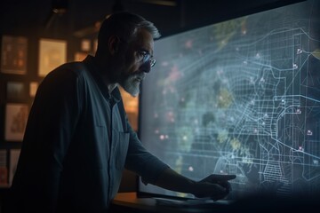 Poster - A Man Looking At A Large Screen With A Map On It Conference Room Advertising Photography Supply Chain Optimization Generative AI 