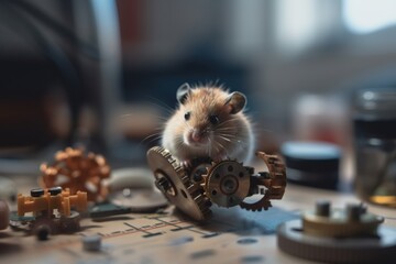 Poster - A Mouse Sitting On Top Of A Table Next To A Clock Workshop Assemblage Technical Support Generative AI 