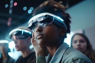Poster - A Group Of People Wearing Virtual Glasses In A Room With Lights Science Museum Stereoscopic Photography Augmented Reality Generative AI 