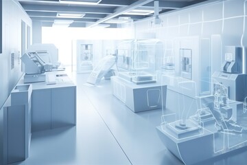 Poster - A Room With A Lot Of Machines And A Lot Of Shelves Workshop Installation Art Manufacturing Planning And Control Generative AI 