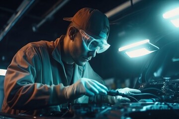 Poster - A Man In A Car Repair Shop Working On A Car Engine Workshop Advertising Photography Supply Chain Optimization Generative AI 