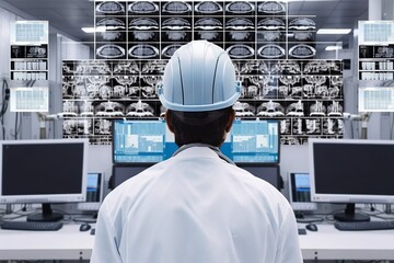 Poster - A Man In A White Lab Coat And Hard Hat Looking At A Computer Screen Factory Advertising Photography Medical Imaging Generative AI 