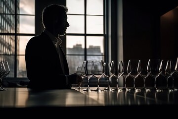 Poster - A Man Sitting At A Bar With A Bunch Of Wine Glasses Distillery Advertising Photography Commercial Photography