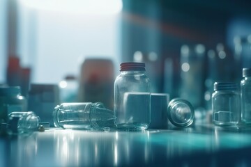 Poster - A Table With Many Glass Bottles And Pills On It And A Blurry Background Hospital Photorealism Medical Devices Generative AI 