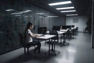 Poster - A Woman Sitting At A Table With A Laptop In A Room Library Advertising Photography Workplace Wellness Generative AI 