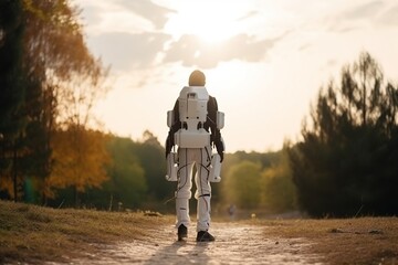 Poster - A Man In A White Suit Walking Down A Dirt Road With A Robot On His Back Lunar Landscape Time-lapse Photography Robotics Engineering Generative AI 