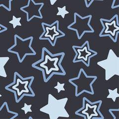 Wall Mural - White and blue stars on  dark background. Abstract vector seamless pattern. Best for textile, print, wrapping paper, package and home decoration.