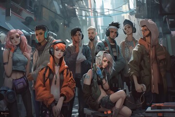 Poster - A Group Of People Standing Next To Each Other In A Room Urban Street Realism Headphones Generative AI 