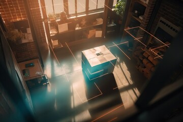 Poster - A Room With A Table And A Couch In It And A Window Workshop Product Photography Supply Chain Optimizationgenerative ai