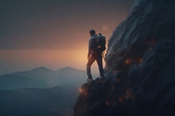 Poster - A Man Standing On A Mountain Top With A Backpack On His Back Lunar Landscape Panoramic Photography Adventure Generative AI 