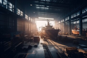 Poster - A Large Boat In A Large Warehouse With Lots Of Windows And A Light Industrial Port Panoramic Photography Industrial Photography Generative AI 