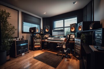 Poster - A Room With A Lot Of Electronic Equipment And A Big Window Recording Studio Panoramic Photography Music Production