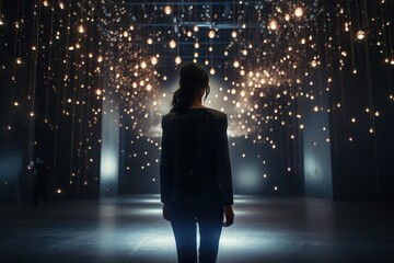 Fototapete - A Woman Standing In A Dark Room With Lights Hanging From The Ceiling Art Museum Kinetic Art Lighting Design