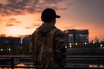 Poster - A Man Standing On A Balcony Looking At The Sunset With A City In The Background Urban Park At Sunset Portrait Photography Entrepreneurial Finance
