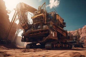 Poster - A Large Machine Is In A Desert Area With A Sky Background Construction Equipment Yard Panoramic Photography Mining