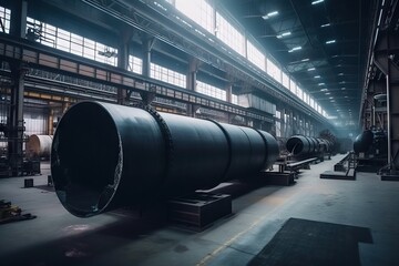 Poster - A Large Pipe In A Large Building With Windows On The Side Factory Panoramic Photography Industrial Photography Generative AI 