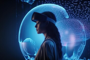 Poster - a woman wearing a virtual reality headset in front of a futuristic background aquarium stereoscopic 