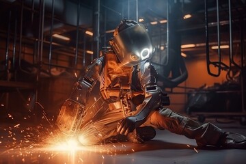 Poster - A Man In A Welding Suit Welding A Piece Of Metal With A Bright Light Construction Site Advertising Photography Industrial Photography Generative AI 
