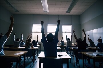 Poster - A Group Of People Raising Their Hands In A Classroom With Desks Classroom Film Making Education Generative AI 