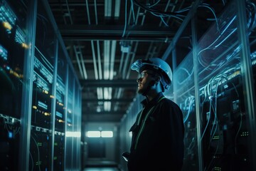 Poster - A Man In A Helmet Standing In A Server Room With Wires Workshop Advertising Photography Network Engineering