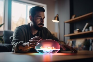 Poster - A Man Is Sitting At A Table With A Glowing Object In Front Of Him Aquarium Kinetic Art Smart Homes