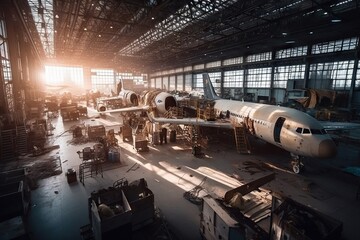 Poster - A Large Airplane Is Parked In A Hangar With Other Planes In The Background Abandoned Factory At Sunset Assemblage Lean Manufacturing Generative AI 