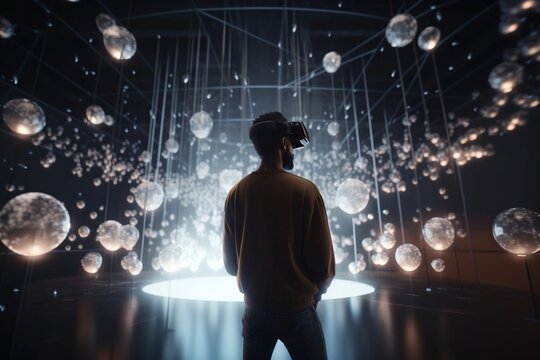 A Man Standing In Front Of A Large Display Of Balls Of Light Science Museum Stereoscopic Photography Virtual Reality Generative AI 