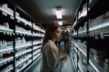 Poster - A Woman Is Looking At A Shelf Of Medicine Bottles In A Pharmacy Supermarket Film Making Pharmaceutical Sales Generative AI 
