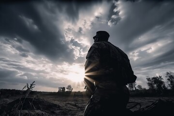 Poster - A Man Standing In A Field With The Sun Shining Through The Clouds Military Base Time-lapse Photography Leadership Development Generative AI 