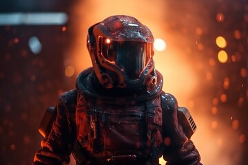 Poster - A Man In A Space Suit Standing In The Rain With A Helmet On Volcano Realism War Generative AI 