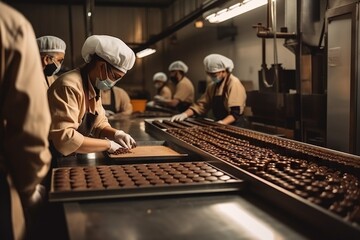 Poster - A Group Of Workers In A Factory Working On Chocolate Bars In A Line Factory Advertising Photography Manufacturing Planning And Control Generative AI 