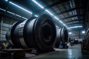Poster - A Large Jet Engine In A Large Warehouse With Workers Working On It Factory Long Exposure Photography Industrial Photography Generative AI 