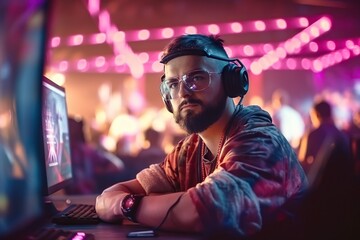 Poster - A Man Wearing Headphones And A Headset Sitting In Front Of A Laptop Nightclub Advertising Photography Gaming Generative AI 