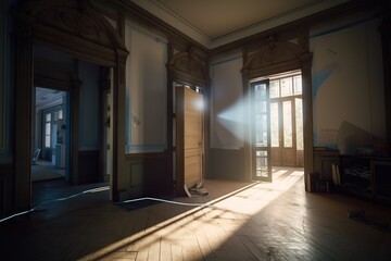 Poster - A Room With A Light Coming Through The Window And A Door Old European Palace Interior Photorealism Interior Design Generative AI 