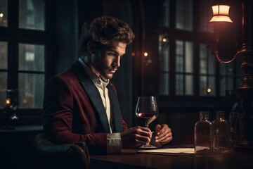 Poster - A Man Sitting At A Table With A Glass Of Wine In His Hand Winery Advertising Photography Portrait Photography Generative AI 