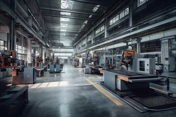 Poster - A Large Factory With Machines And Machinery Inside Of It's Buildings Workshop Advertising Photography Manufacturing Planning And Control Generative AI 