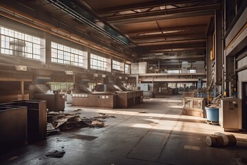 Poster - A Large Warehouse With A Bunch Of Boxes And A Lot Of Windows Abandoned Factory Interior Documentary Photography Industrial Photography Generative AI 