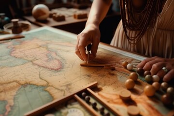 Poster - A Person Is Working On A Map With Beads On It And A Wooden Box Savanna Travel Photography Travel Generative AI 